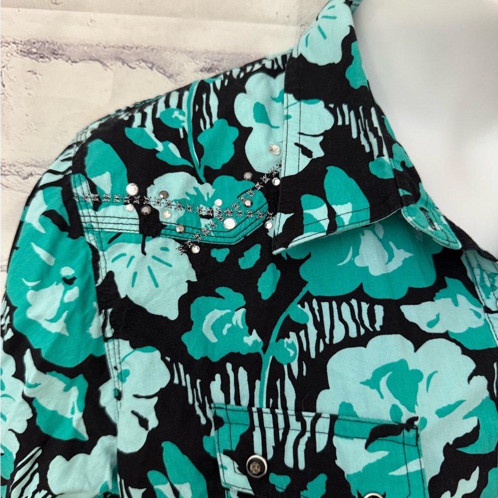 Rock 47 By Wrangler Women’s XXL Teal Black Floral Pearl Snap Top Bling‎ Cowgirl - Picture 2 of 8